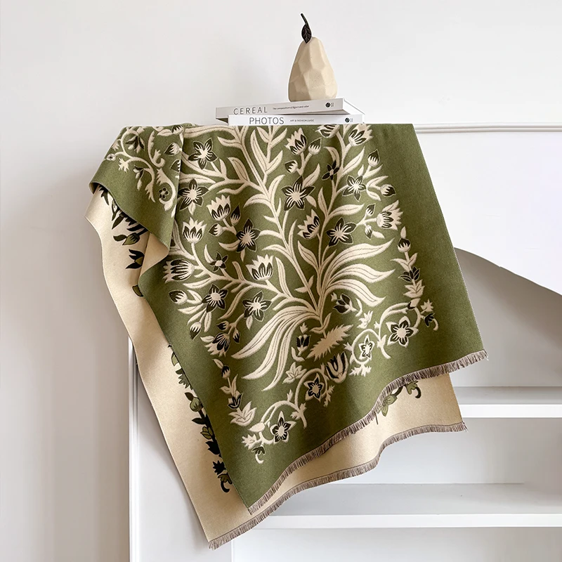 Elegant Women's Floral Jacquard Pashmina Shawl - Winter Thick Warm Double-Sided Tassel Design Coldproof Windproof Blanket Scarf