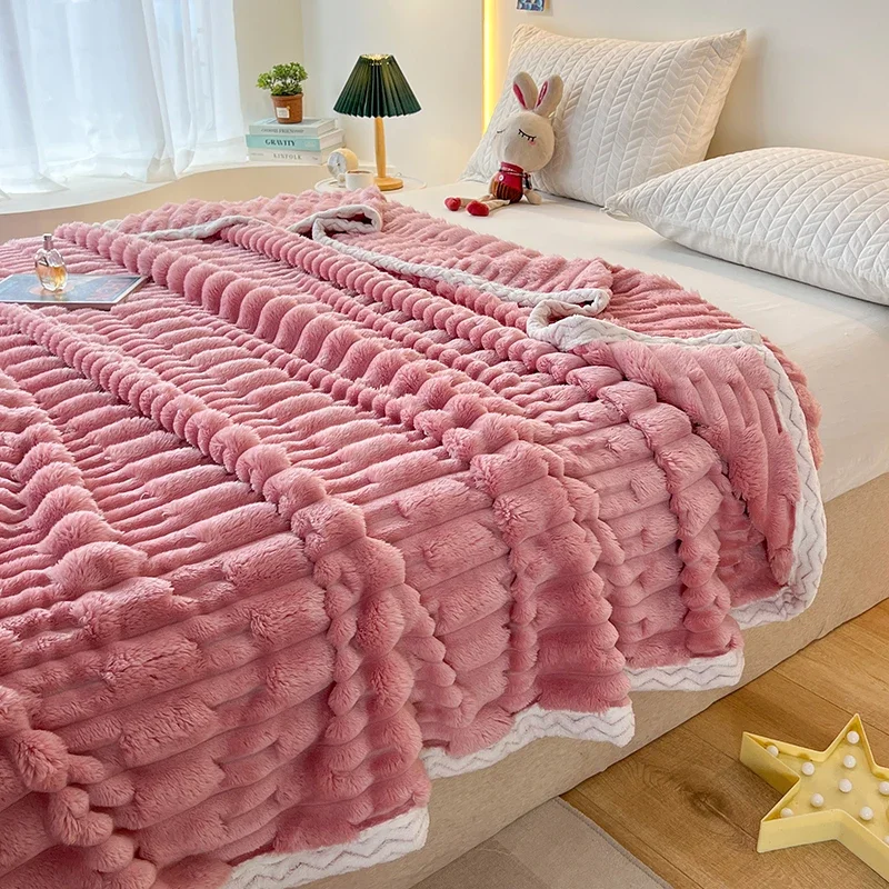 Kunst pelz Decke rosa, Luxus Decken weich flockig dicke warme Decke, dekorative strukturierte gestreifte Decken für Sofa, Betten