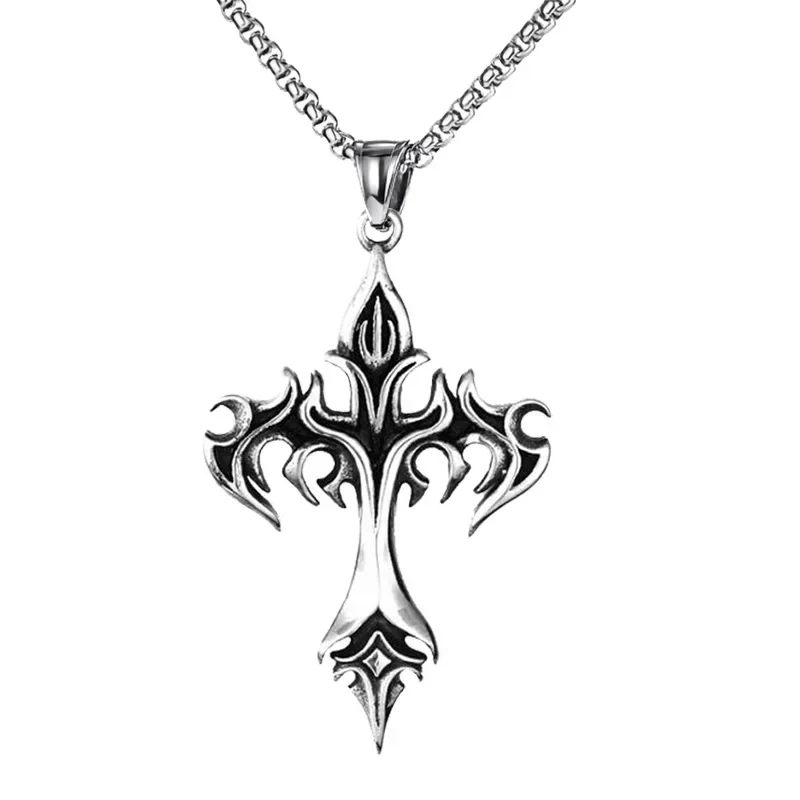 Retro Gothic Flame Cross Pendant Necklace Men\'s Personalized Punk Religious Trend Lucky Jewelry