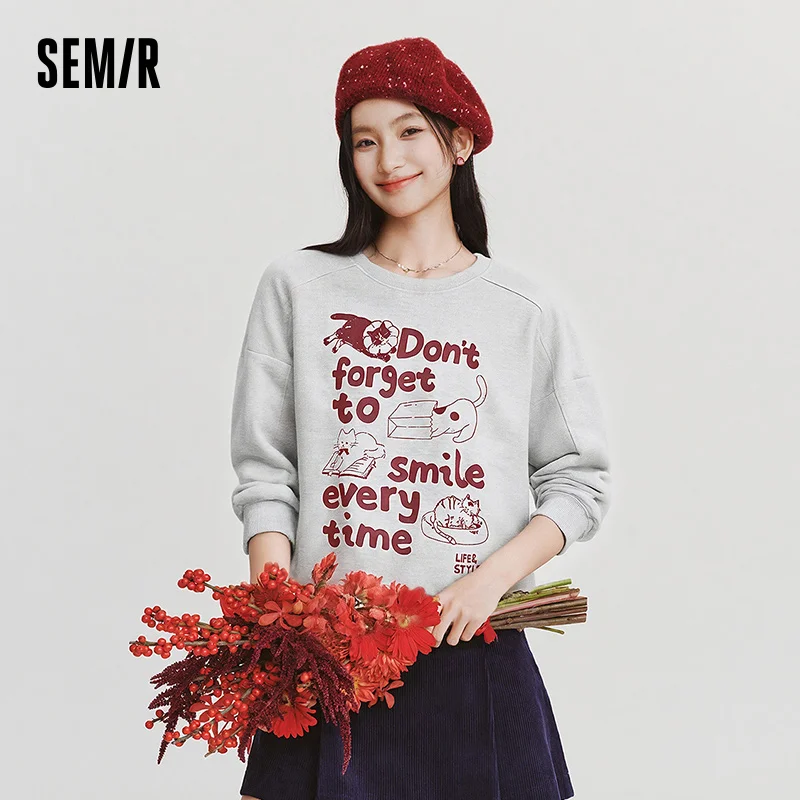 Semir Women Sweatshirt Cat Graphic Oversized Fit Mid Length 2026 Winter Soft Comfort Casual Style Warm Layer Everyday Wear