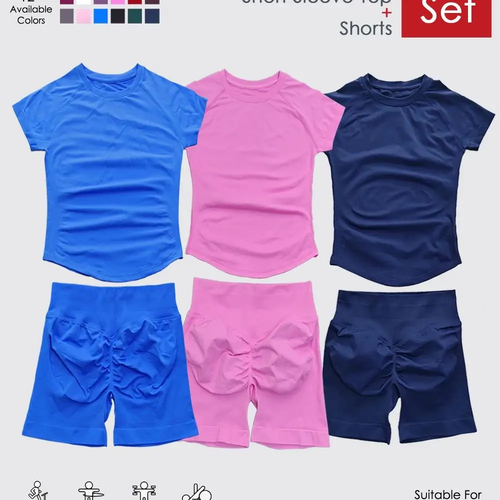 2-delige Impact Sports-set voor dames, naadloze yoga-top met korte mouwen en hardloopsportshorts, fitness-gym-workout-outfit - afbeelding 2