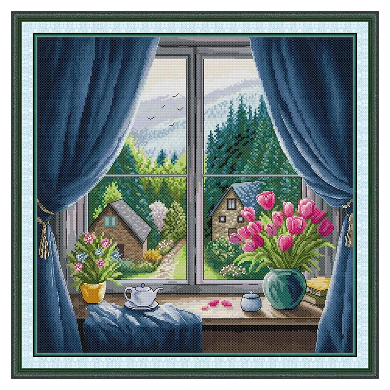 Tulip Window Sill Patterns Counted Cross Stitch Set DIY 11CT 14CT 16CT Stamped DMC Cross-stitch Kit Embroidery Needlework Crafts