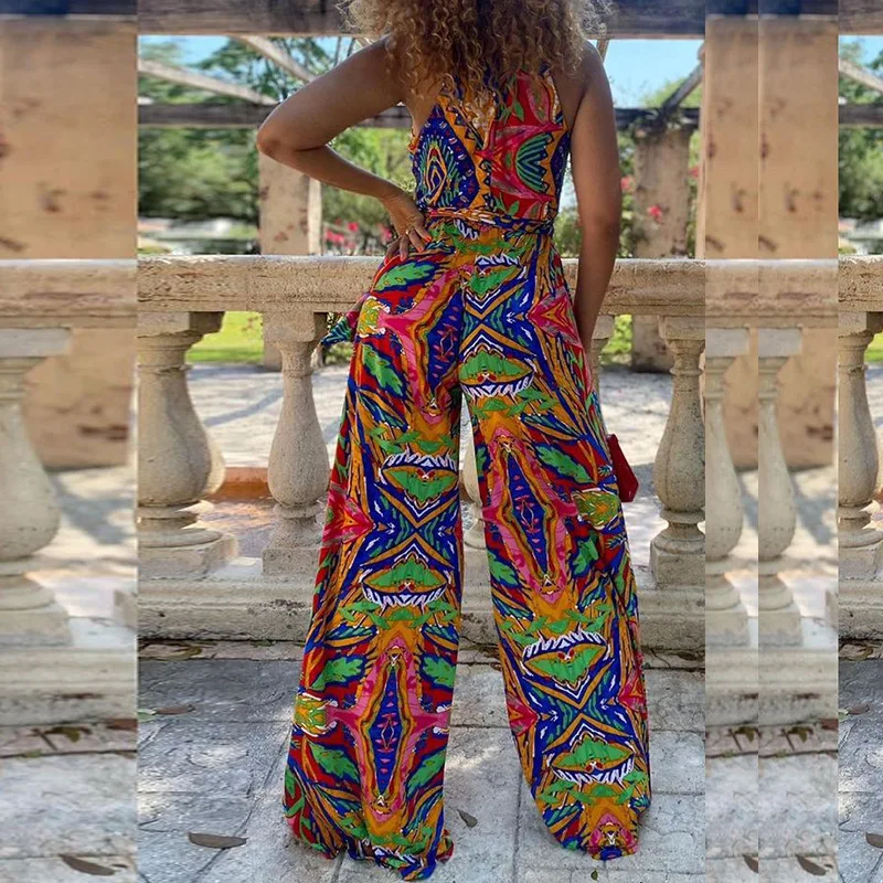 New  2 New 2024 Summer Women's Casual Fashion Sleeveless Printed Long Pants Jumpsuit