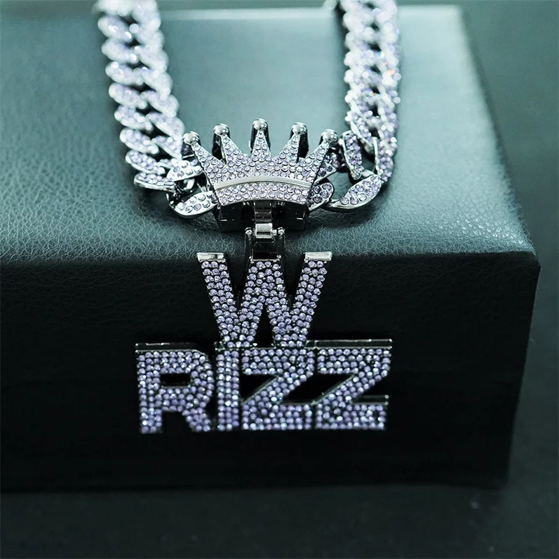 Hip Hop Purple W RIZZ Letter Pendant Necklace For Women Bling Iced Out Cuban Zircon Chain Necklace Punk Jewelry Gift