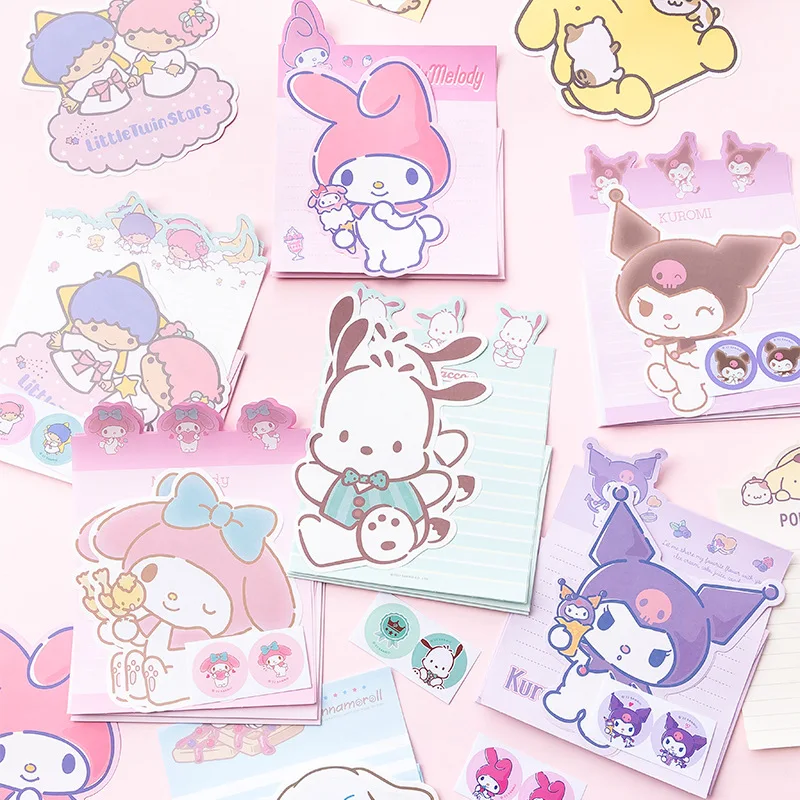 8set/lot Sanrio Melody Kuromi Envelope Set Cute Pochacco Festival Message Greeting Card Memo Pad School Supplies Kids Gift