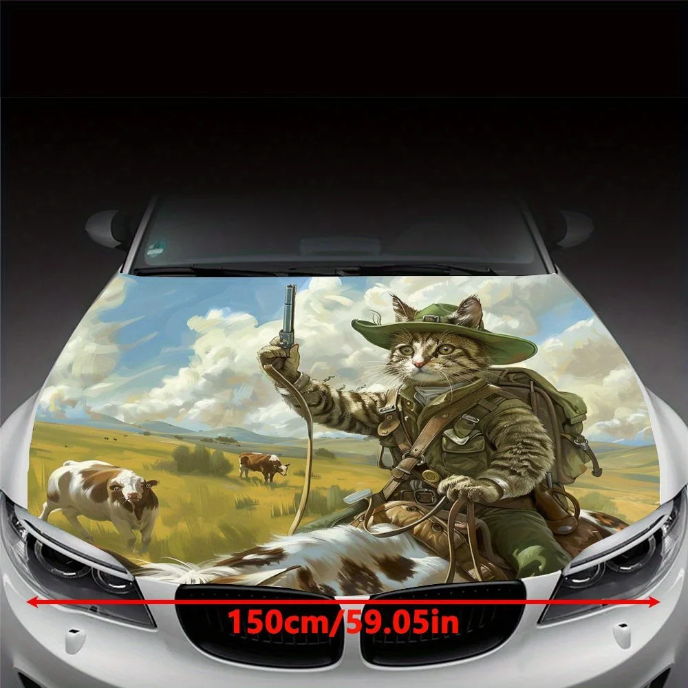 Green field cute ride, cat's horseback adventure graphic car vinyl wraps, car hood graphic sticker, vinyl material makes your ca