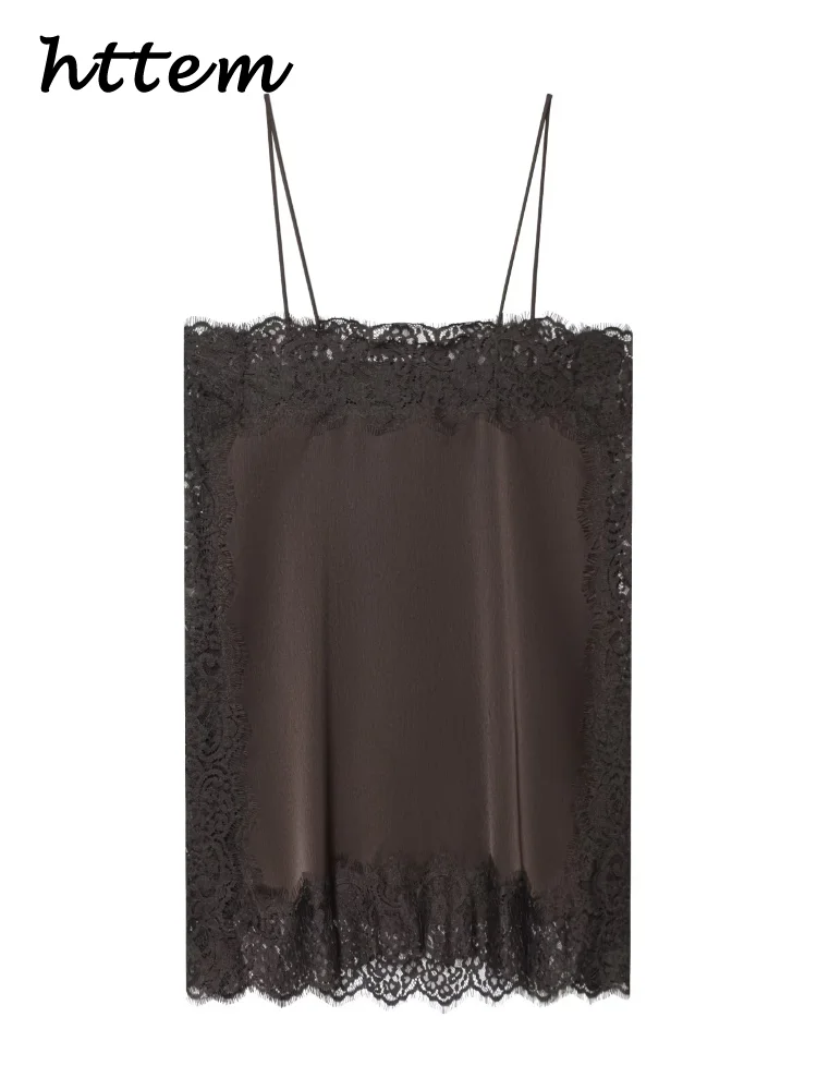 

Elegant Satin Spliced Lace Sling Tops Women Contrast Color Square Collar Sleeveless Straight Vests 2025 Winter Lady Chic Top New