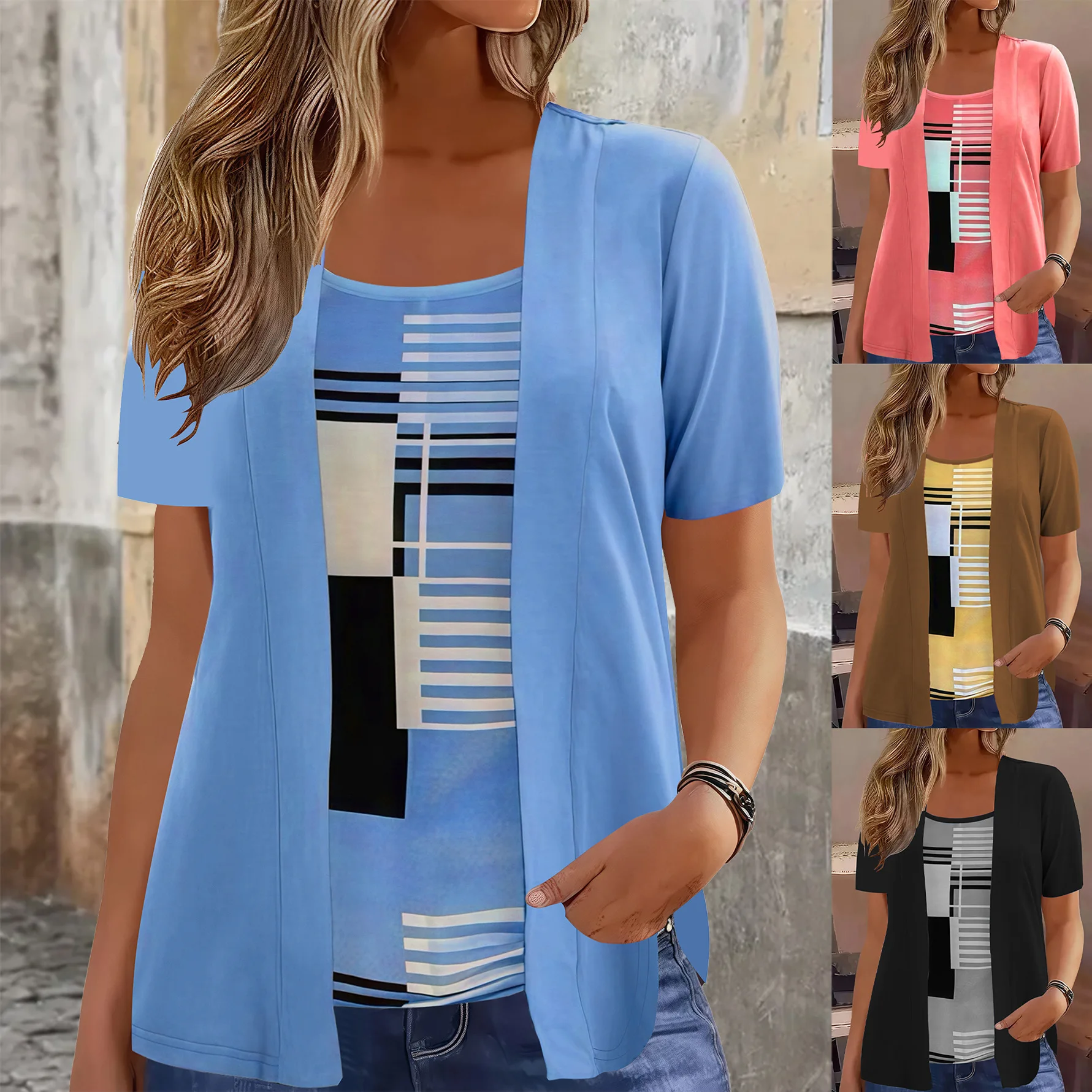 New 2025 T Shirts Women Fake Two Piece Elegant Patchwork Plus Size Shirts Summer Casual Print Short Sleeve Ladies Loose Tops 5XL