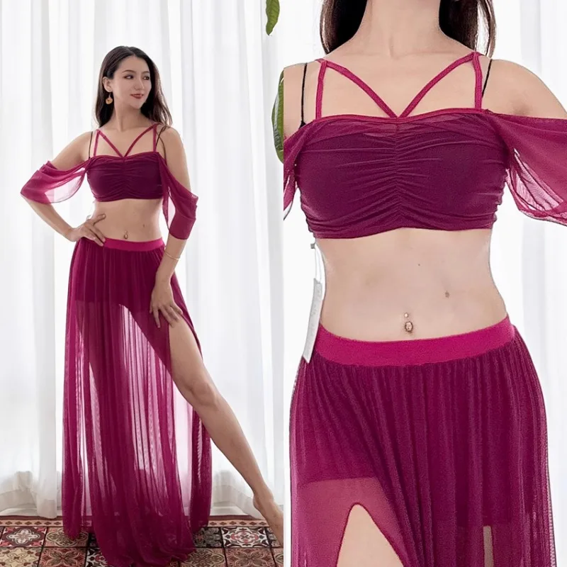 Spersonalizowana sukienka do tańca brzucha Swegal, odzież do tańca orientalnego, strój do ćwiczeń, fioletowo-różowo-czerwona siateczka, podwójny widełkowy zestaw z dużą spódnicą do swingowania.