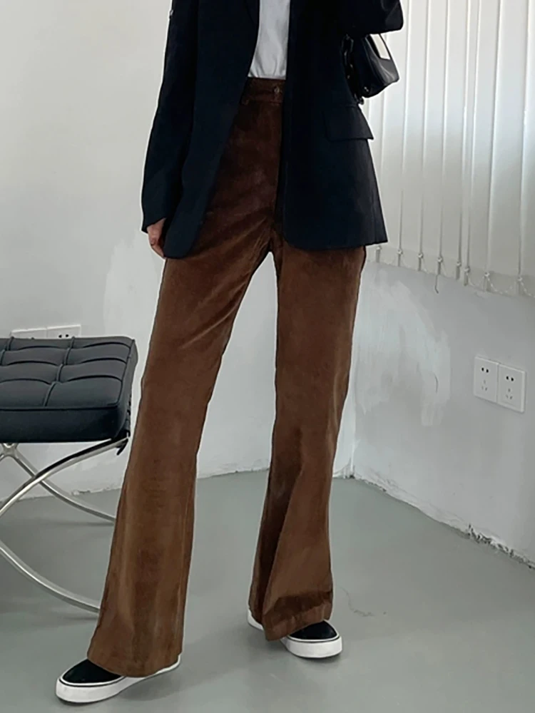 Spodnie damskie PBAP Retro Corduroy Solid Bootcut, dopasowane, elastyczne, długie spodnie z wysokim stanem, dzwony, eleganckie do biura, codzienne ubrania.
