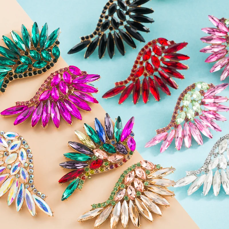 

S2897 Bohemina Fashion Jewelry Feather Earrings For Women Colorful Rhinestone Angel Wing Stud Earrings