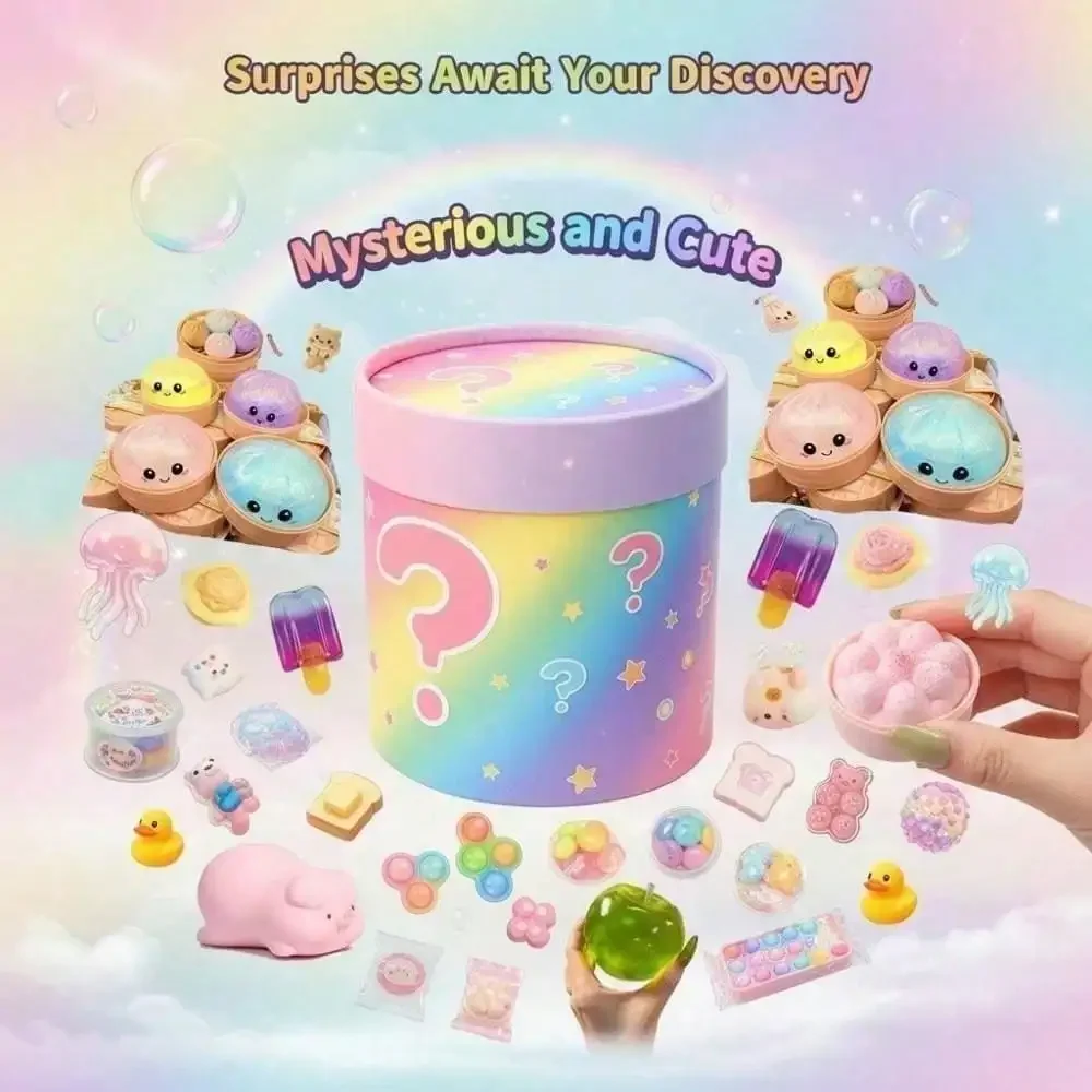 Caja Sorpresa de Cumpleaños con Squishies: Squishy Super Q Elástico de Gelatina, Squishy de Edición Limitada de Temporada, Squishy Estilo Retro. Más de 100 Variedades. Colección Completa.