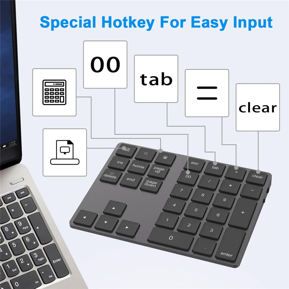 

Aluminum Alloy Bluetooth-compatible Wireless Numeric Keypad with USB HUB Digital Input Function for Windows,Mac OS laptop PC