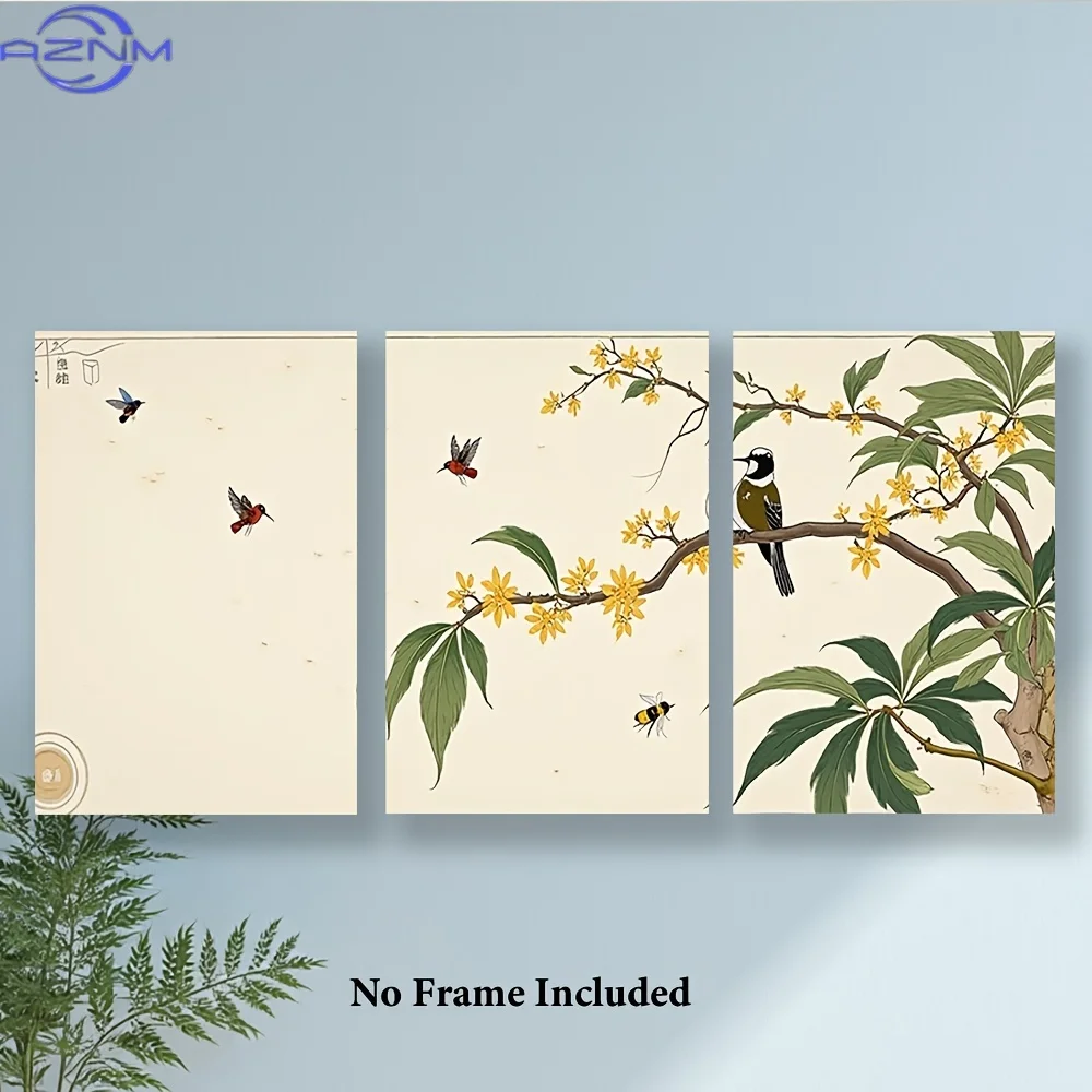 3pcs Framless Bird and Flower Canvas Art Prints - Vibrant Springtime Scene with Hummingbirds and Butterflies, Ideal for Home, Of