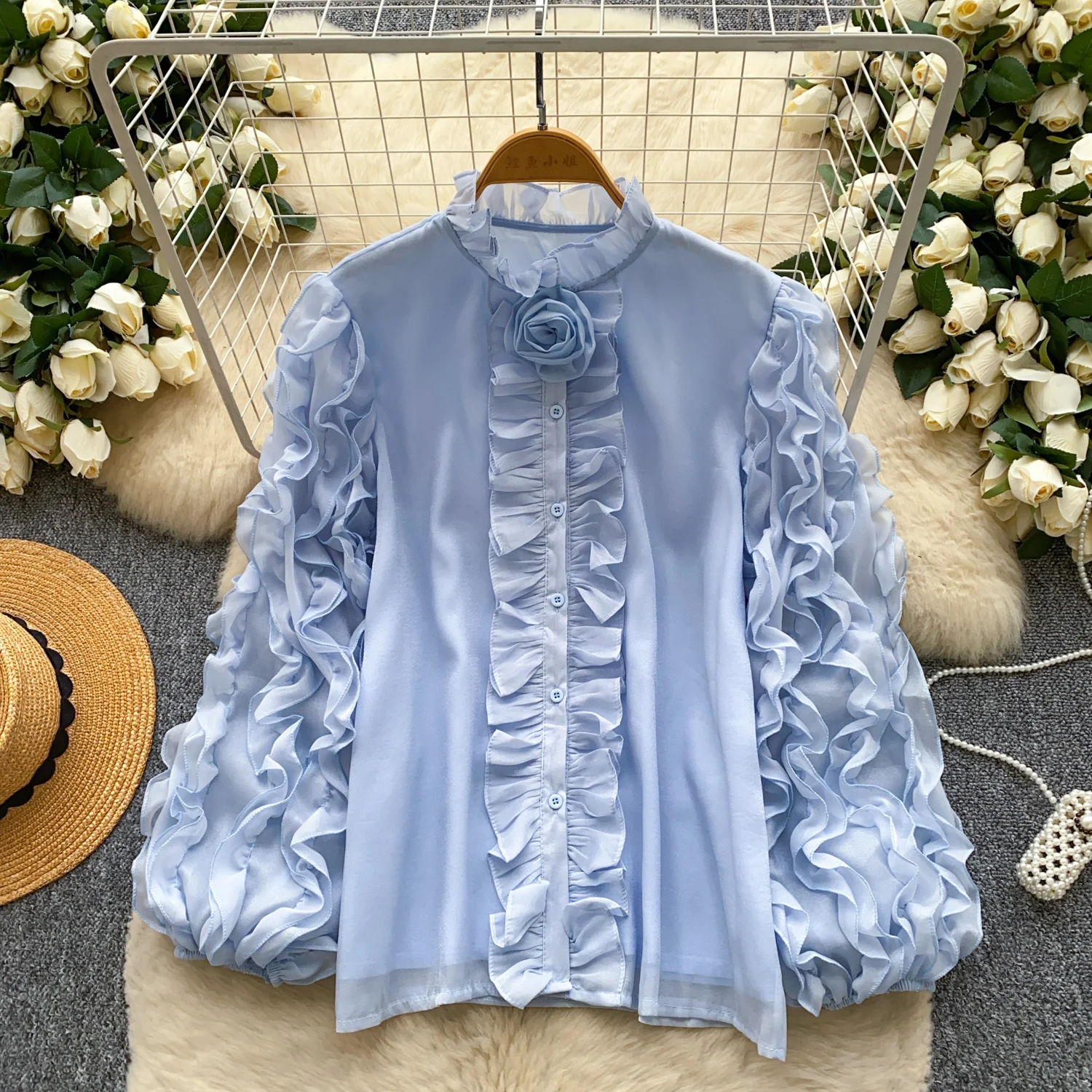 

Vintage loose Three-dimensional long sleeve Blouse Elegant Korean Fashion Top autumn Women Shirt