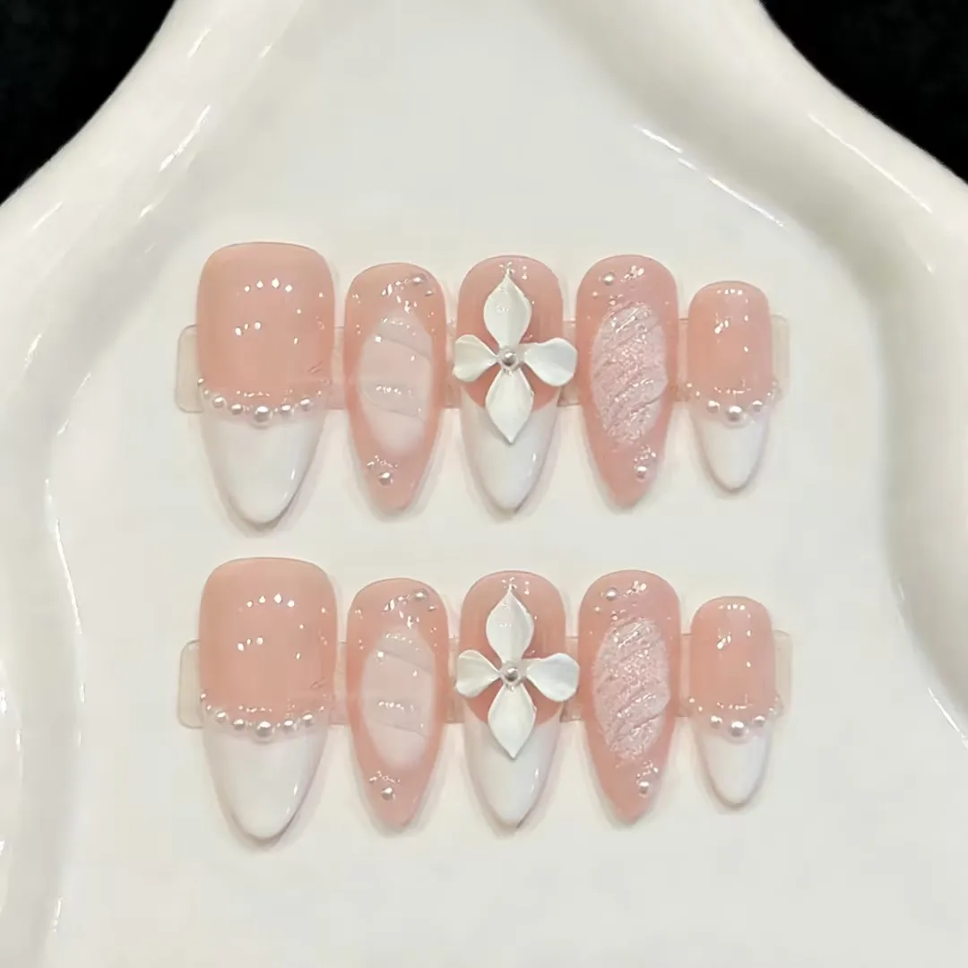 10 PCS Luxury Handmade Press on Nails Middle Almond Hand Carving Design with 3-PIECE Tool Adhesive Nail Glue Tabs