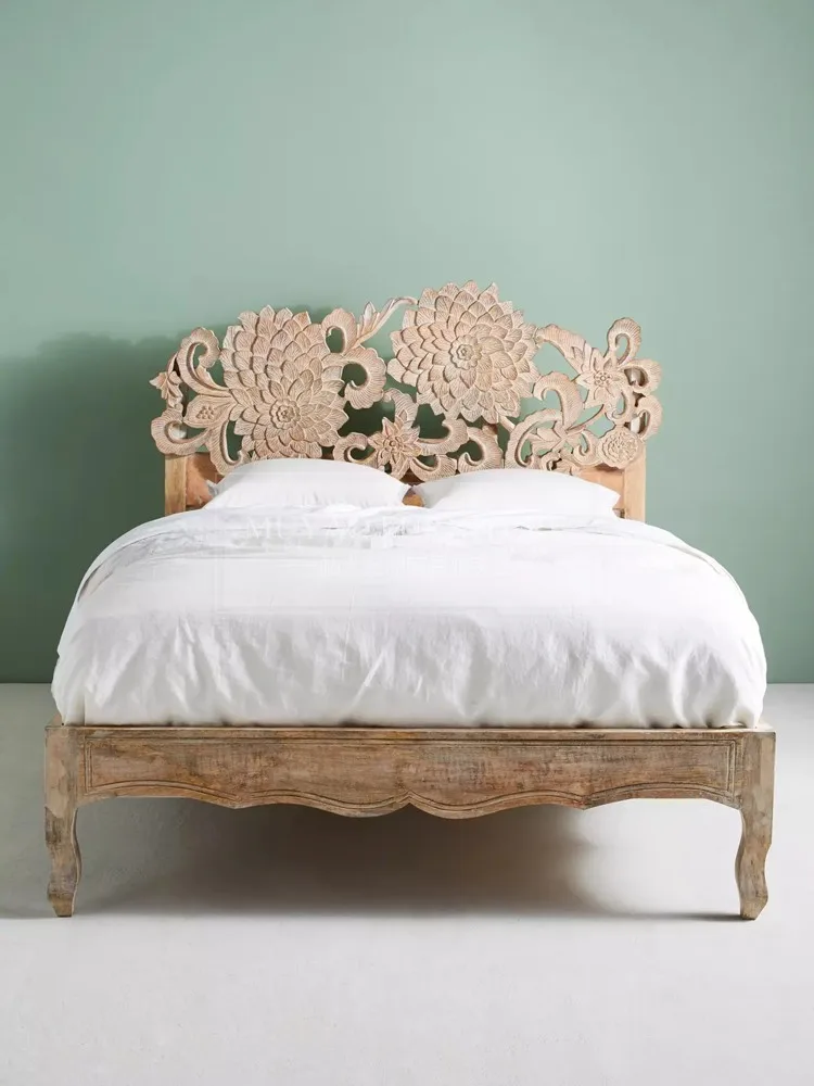 Double pastoral luxury hollow carved wedding bed solid wood bed