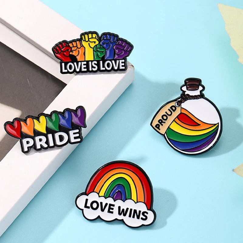 Cartoon Rainbow Enamel Brooches Lapel Pin LOVE WINS PROUD Bottle PRIDE Heart LOVE IS LOVE Fist Rainbow Badge Jewelry Friend Gift