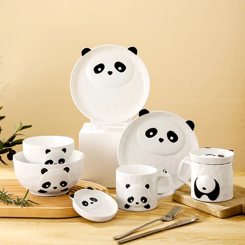 Ceramic Bowl Tray Creative Panda Pattern Tableware Handle Water Cup Double Ear Bowl Chinese Style Steak Plate Small Sauce Dish