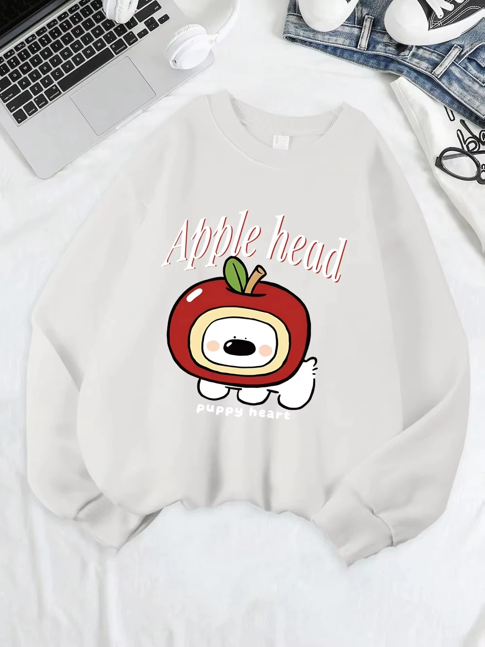 

Толстовка с милым принтом и яблочной головой, женские свободные повседневные толстовки с круглым вырезом, мягкая одежда, флисовая теплая зимняя женская уличная одежда