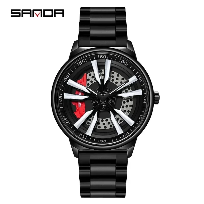 Sanda 1111 rueda giratoria de coche ahueca hacia fuera el diseño 3D Dial resistente al agua movimiento de cuarzo moda hombres reloj de pulsera analógico