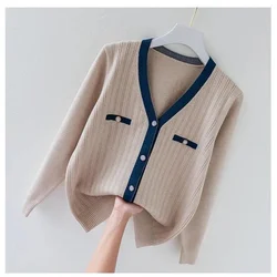 Women Clothing Spring Autumn New Long Sleeve Button Pullovers Fashion Elegant Temperament V Neck Soft Knitting Jumpers Tops