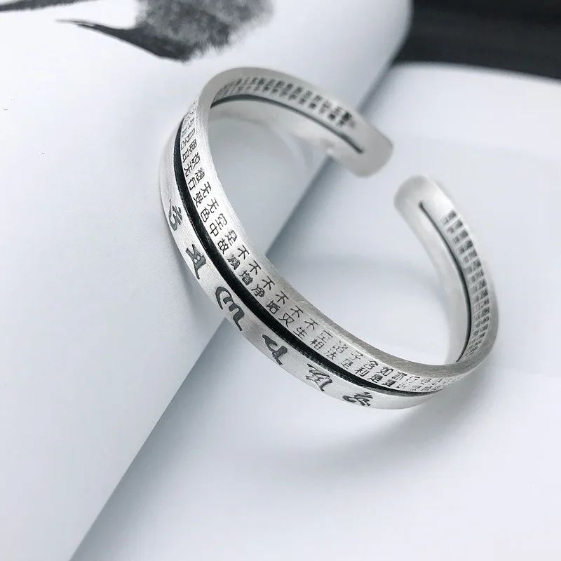 

Серебро 925, матовый двухслойный дизайн, ретро, шесть символов, мантра, сердце, сутра, браслет, черная эмаль, классические браслеты, ювелирные изделия, подарок