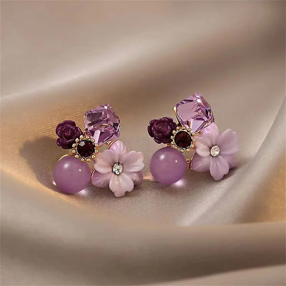 Exquisite Crystal Purple Flower Zircon Stud Earrings For Women Light Luxury Romantic Pearl Earrings Wedding Party Sweet Jewelry