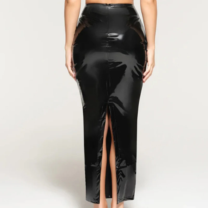 Women Shiny Faux Leather High Waist Pencil Skirts Office Ladies Sexy Back Hem Side Split Glossy PU Mid Skirt Party Club Custom