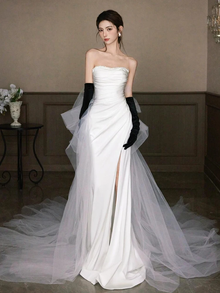 

Элегантное атласное свадебное платье с длинным шлейфом, пошитое на заказ, для помолвки, женское длинное белое свадебное платье для отеля, для мероприятий в помещении