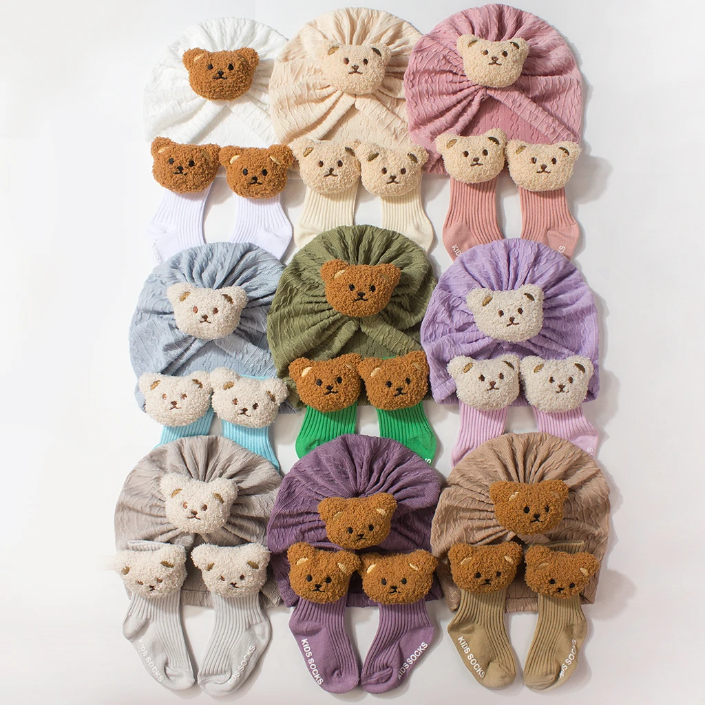 

Bear Hat Socks 2-piece Set for Boys and Girls Cotton Cute Bear Cartoon Indian Hat Socks Short Socks Newborn Baby Children's Set