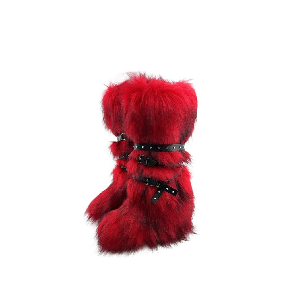 Women 5CM High Sole New Designer Winter Thigh High Fluffy Boots Ladies Faux Raccoon Fur Long Warm Shoes