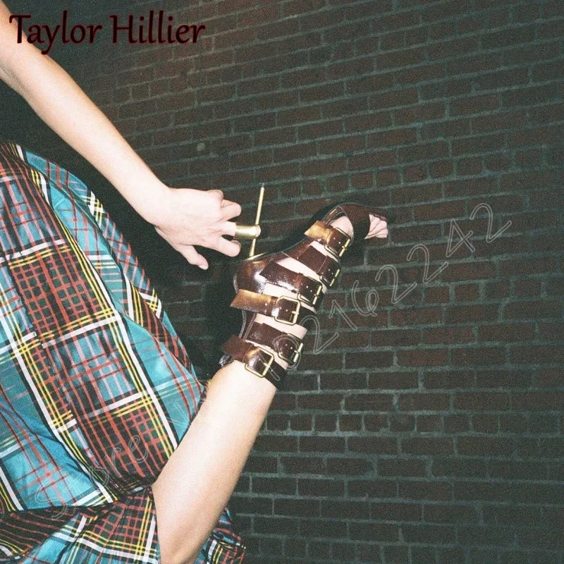 Open Toe Belt Buckle Square Head Short Boots Stiletto Buckle Strap Hollow High Heels Nightclub Party Temperament Women'S Shoes