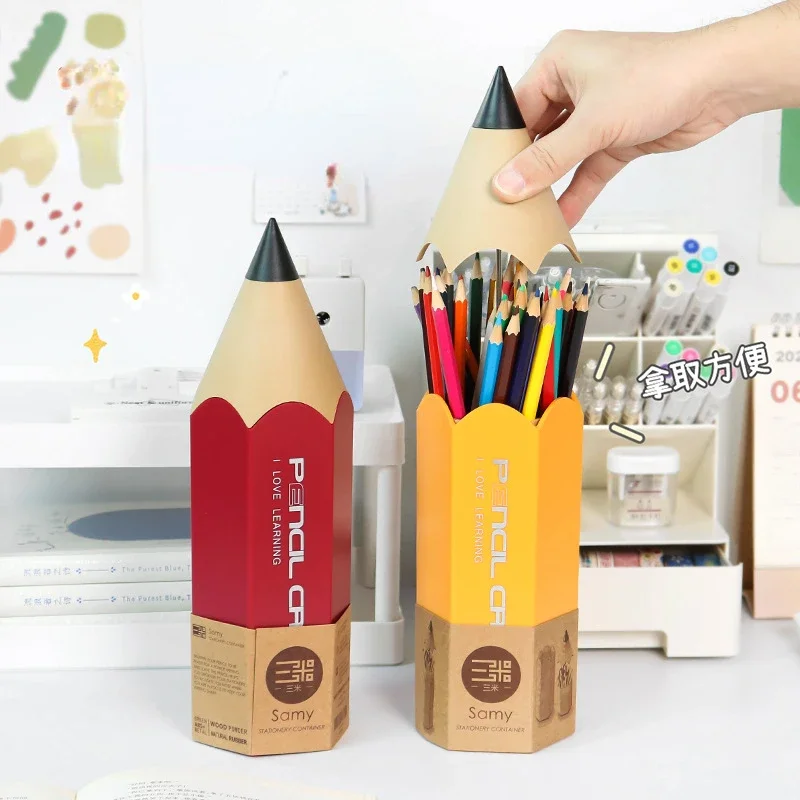 

Pencil Shape Pen Holder Creative Desktop With Cover Dustproof Stationery Storage Pen Box Storage Bucket Makeup Brush Holder