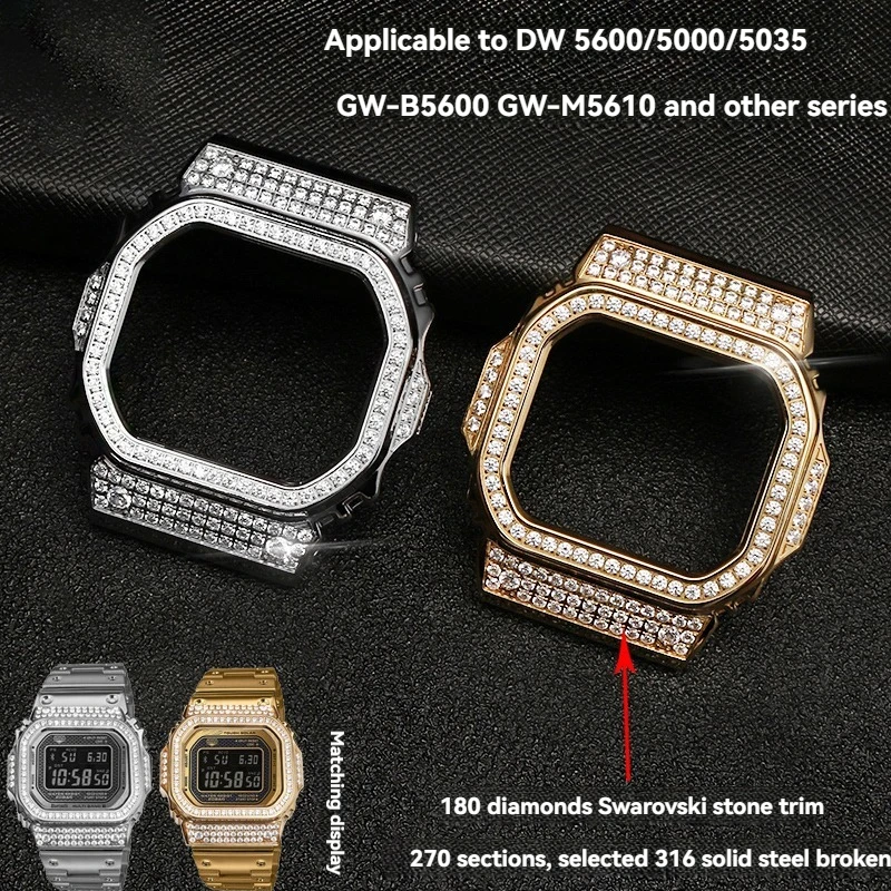 Juego de bisel y banda de diamantes personalizados para Casio G-Shock GM-5600/DW5600/DW5610 |   Set con diamantes Mod Kit |   Actualización de estuche y correa
