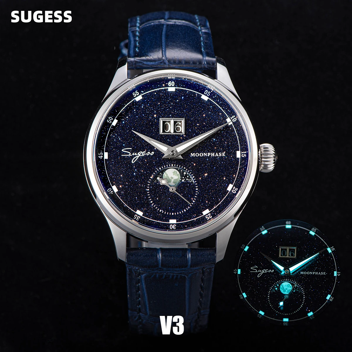 

Sugess Moonphase Luxury Wristwatches 316L StainlessSteel Case Tianjin ST2528 Movement Gemstone Stars Dial Men's Wrist Watch Gift