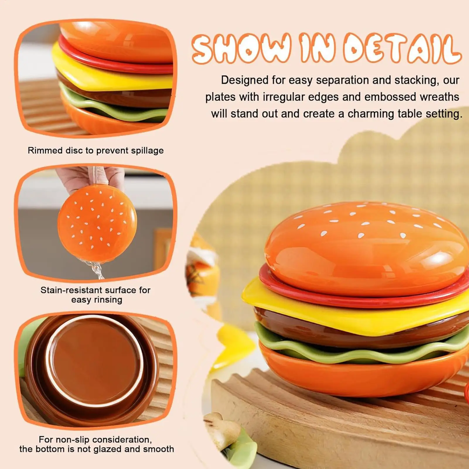 Stackable Hamburger Plate Set Burger 6Pcs/Set Mini Dinner Plate High Value Bone Spit Plate Funny Sauce Containers Table Decor