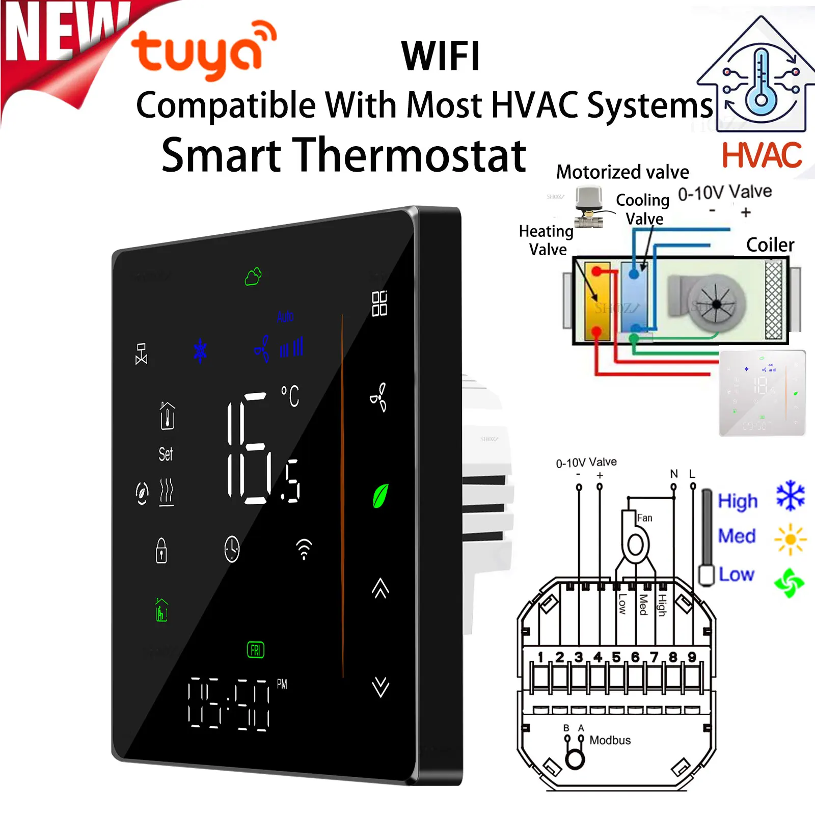 TUYA Wi-Fi 2 Pipe 3 Speed Fan Coil Room Thermostat - 0-10V modulating valve HVAC Temperature Controller For Heating And Cooling