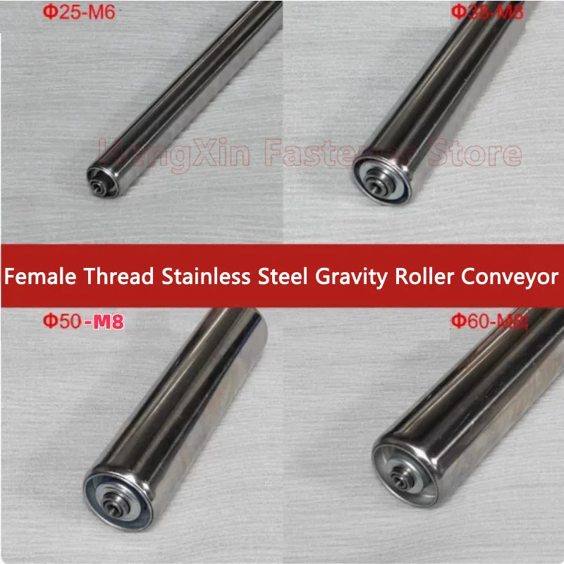 Stainless Steel Gravity Roller Conveyor Dia 25/32/38/50/60mm Total Length 100 150 200 250 300 350 400 450 500mm Female Thread