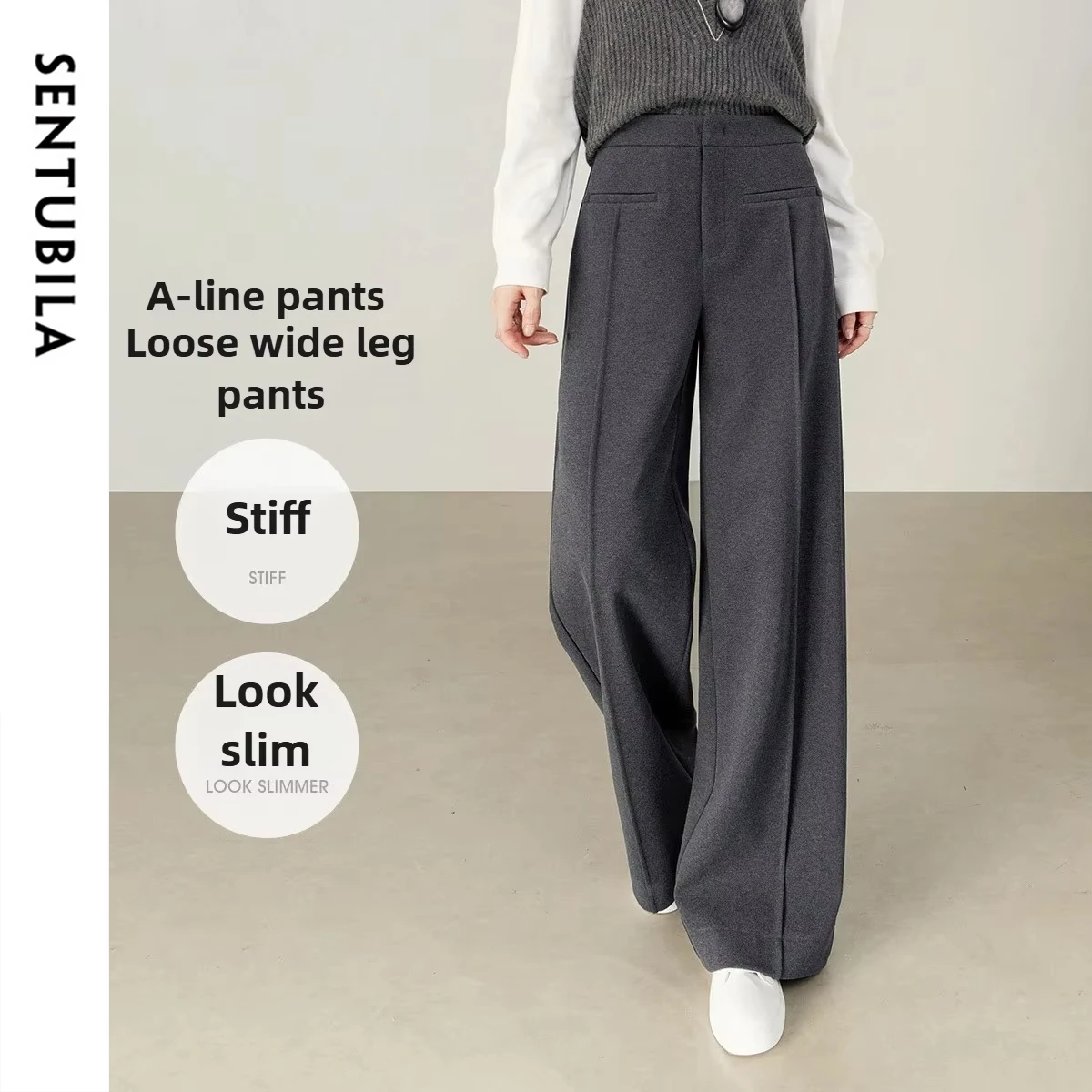 

SENTUBILA Women's Wide Leg Trousers 2025 Autumn Loose Fit Slight Strech Zipper Fly Bottoms Soft Comfortable Pants 154KD3106