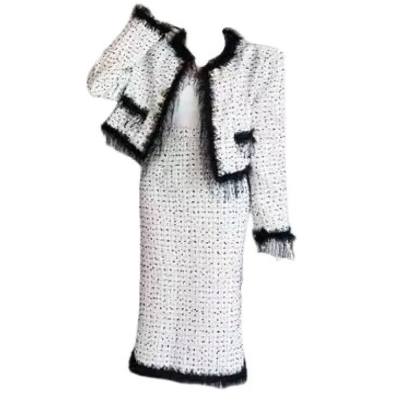 Plus Size Women Vintage Tweed Winter Y2K Suits Jacke Coat Top And Long Skirt Two Piece Set Outfit Jacquard Formal Party Clothing