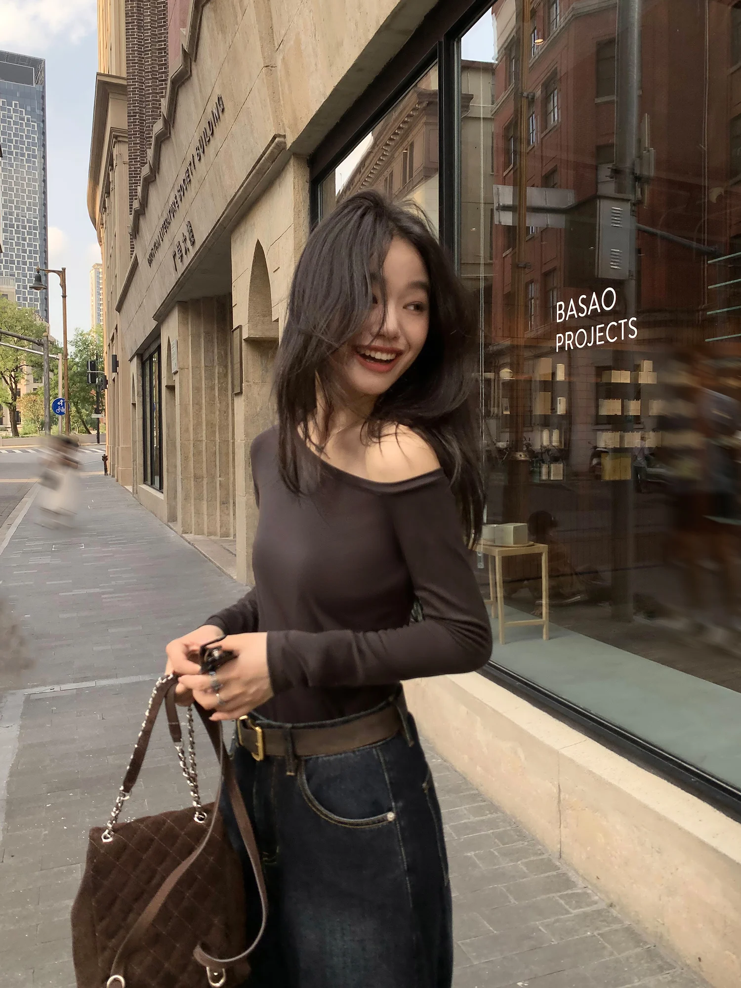 Pusumede ey Lange Sve Gebreide Top Dames Slim Fit oulder Bared Casual Sle Katoenmix Elastische Vezel Herfst Tee