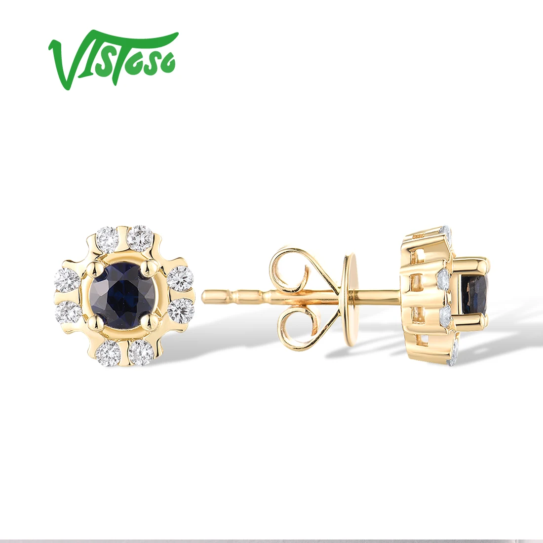 VISTOSO Authentic 14K 585 Yellow Gold Earrings Stud For Women Sparkling Diamond Blue Sapphire Concise Wedding Fine Jewelry