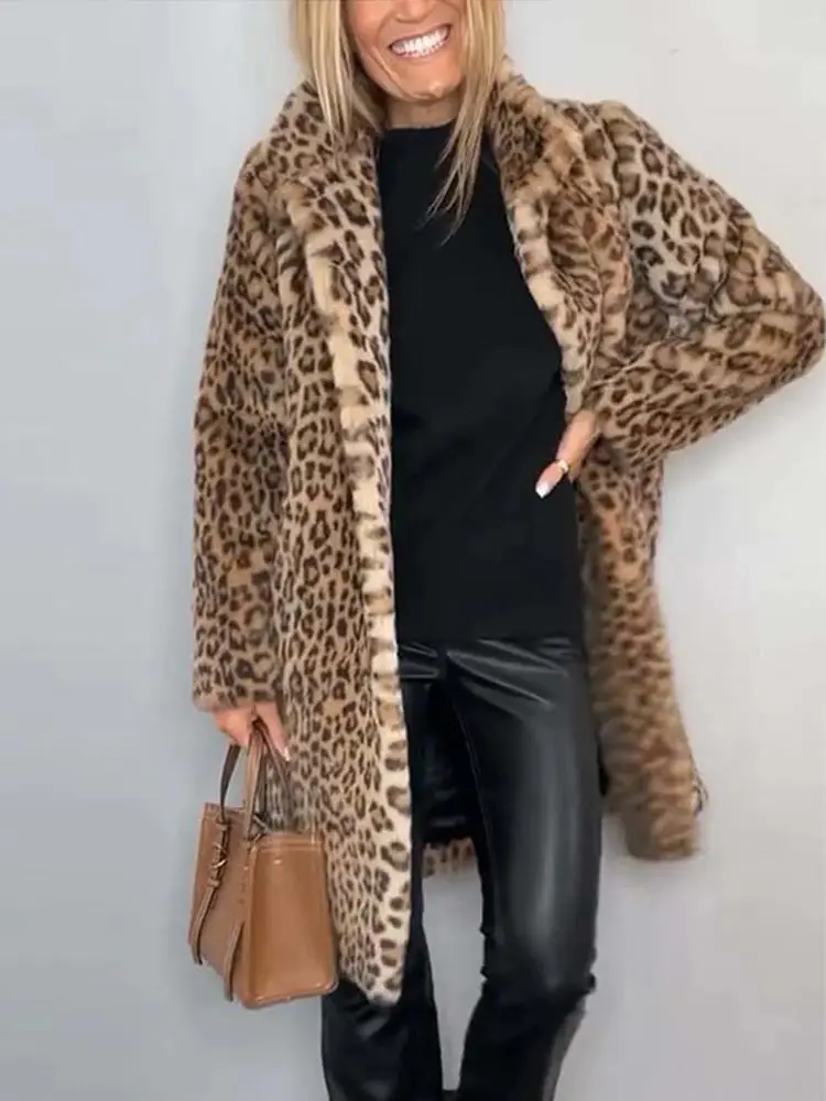 

Female Winter Autumn Versatile Warm Daily Outwear Luxury Leopard Print Faux Fur Coats Women Retro Loose Plush Lapel Long Coats