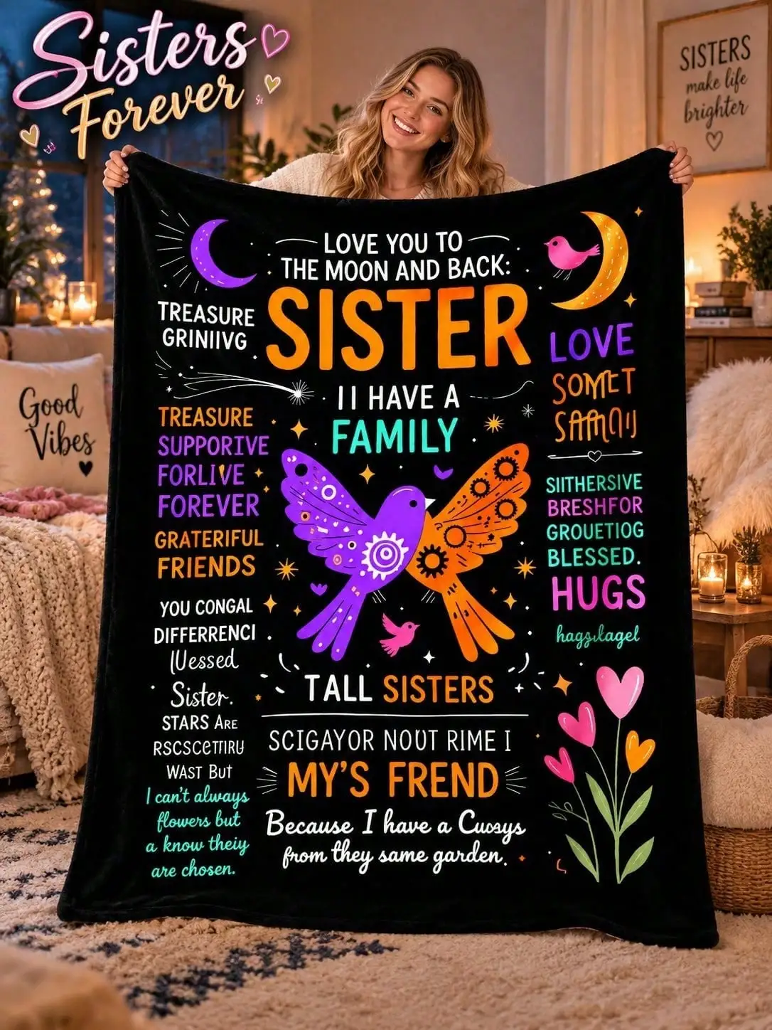 Sisters Flannel Blankets Floral Typography Sofa Bed Throw Home Decor Bedroom Living Room Christmas Halloween Thanksgiving Birthday Anniversary Housewarming Gift Family Friends Guestroom Lounge Apartment Winter Holiday Reading Nook Office