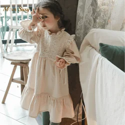 Fashion Baby Girl Cotton Dress Infant Toddler Child  Floral Puff Long Sleeve Lace Vestido Stand Collar Loose Baby Clothes 2-12Y