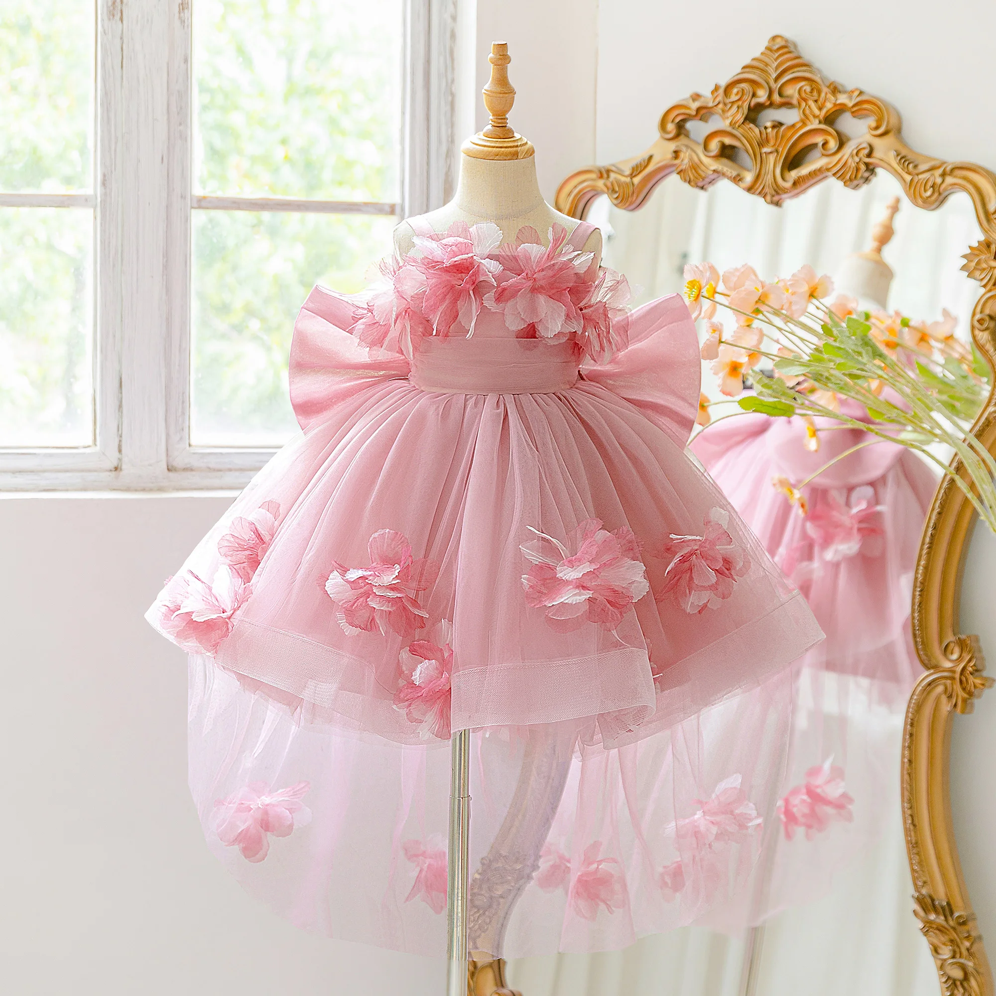 Elegant Flower Bridesmaids Party Girls Dresses Summer Bow Wedding Birthday Princess Prom Dress Girl Gala Graduation Evening Gown