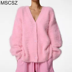 MSCSZ Pink Fluffy Cardigan For Women V-Neck Single Breasted Knitted Long Cardigan Oversize Mohair Sweater Coat Autumn Winter