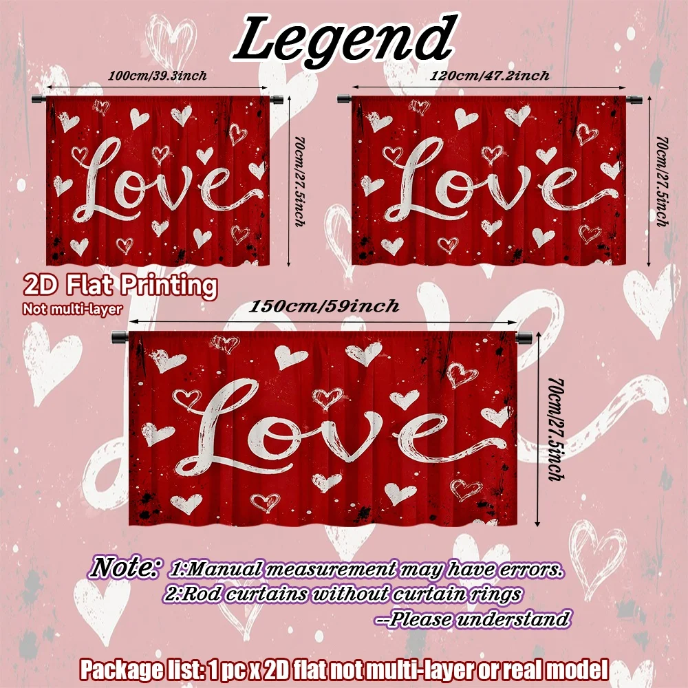 2D flat 1pc Home short curtains Valentine's Love Hearts Digital printing Suitable for cabinets, cafes, balcony bay windows,