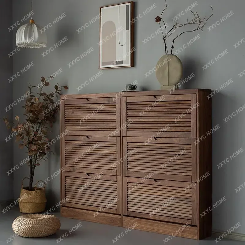 HMJNorth   black walnut shutter door shoe cabinet ultra-thin entrance cabinet multi-layer tipping bucket storage cabinet